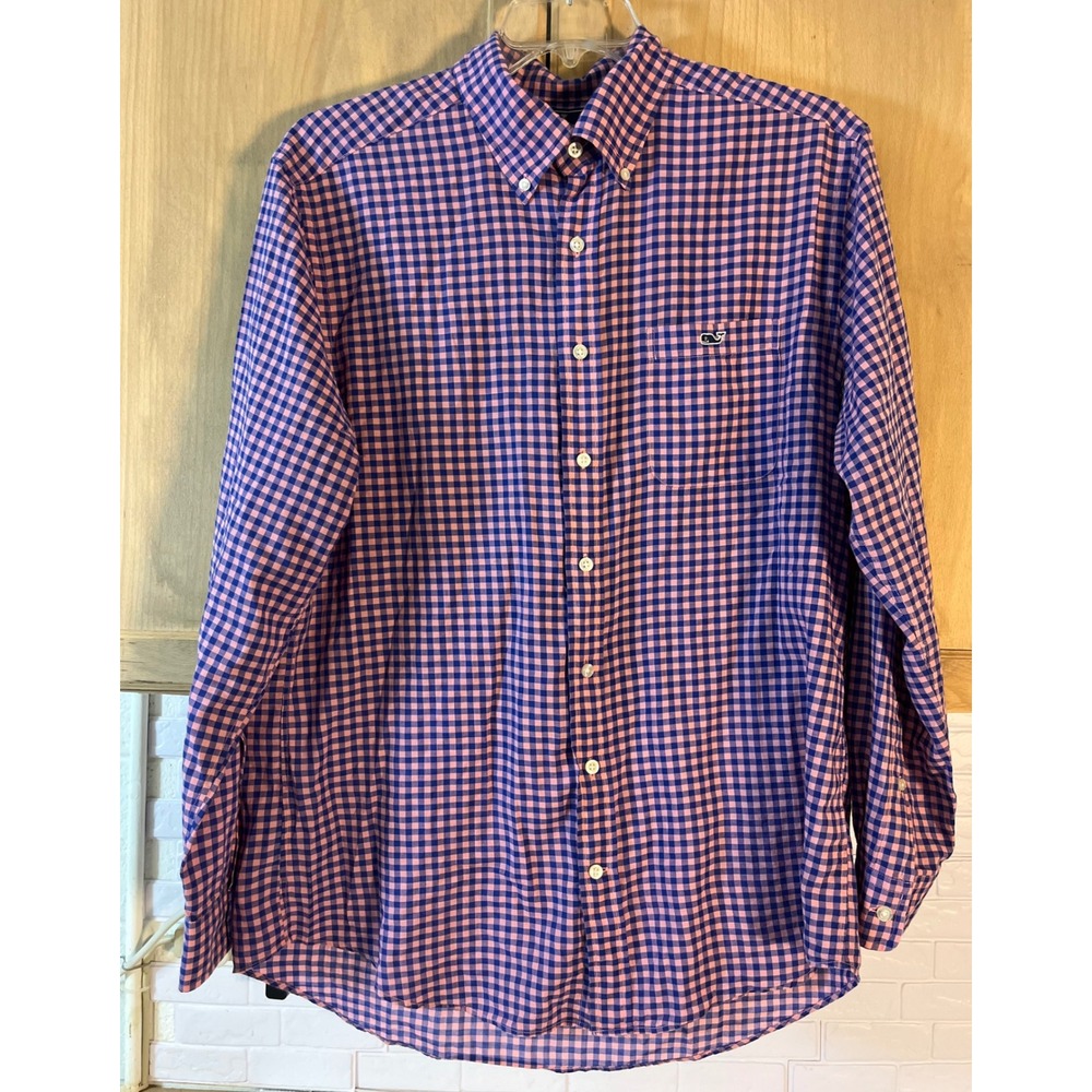 Vineyard Vines Tucker Shirt Mens Large Pink Blue Slim Fit Gingham Button‎ Down